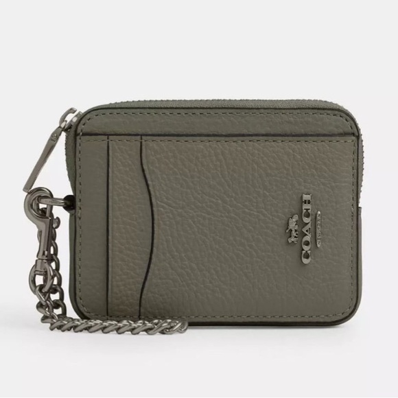 NWT COACH Zip Card Case 6303 Refined Pebble Leather Military Green AUTHENTIC - Picture 1 of 2
